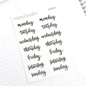Days of the Week Script Stickers Perfect for Any Planner White or